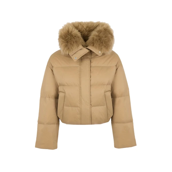 Yves Salomon Short Waterproof Down Jacket with Airy Lambswool Trim in Camel | Jackets | Coveti