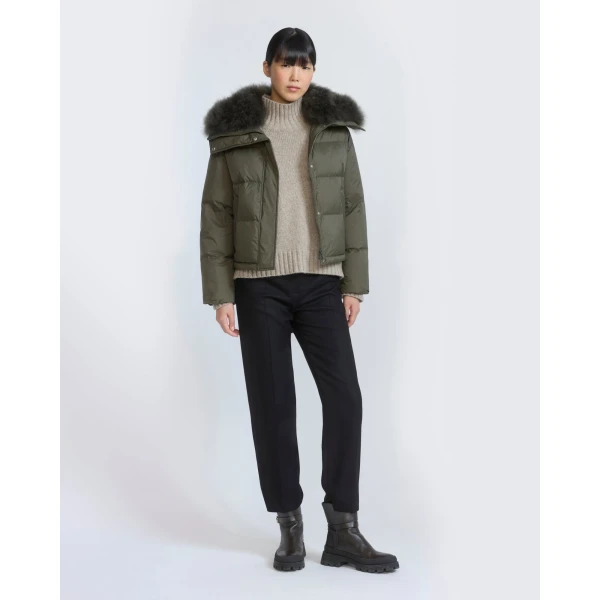 Yves Salomon Short Waterproof Down Jacket with Airy Lambswool Trim in Khaki | Jackets | Coveti