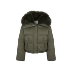 Yves Salomon Short Waterproof Down Jacket with Airy Lambswool Trim in Khaki | Jackets | Coveti