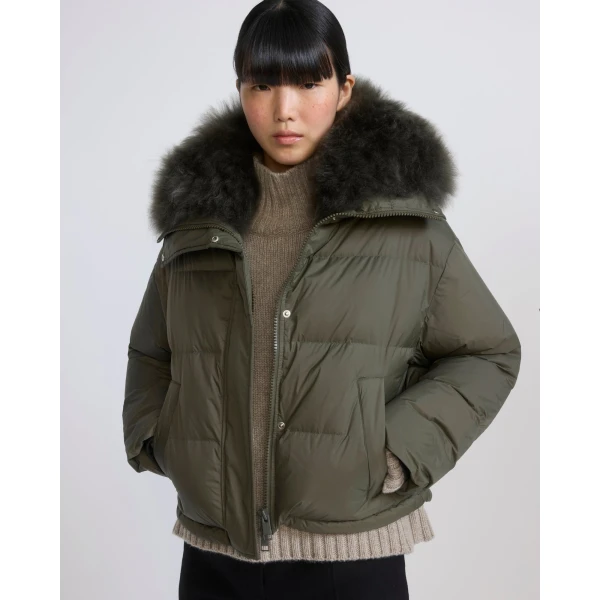 Yves Salomon Short Waterproof Down Jacket with Airy Lambswool Trim in Khaki | Jackets | Coveti