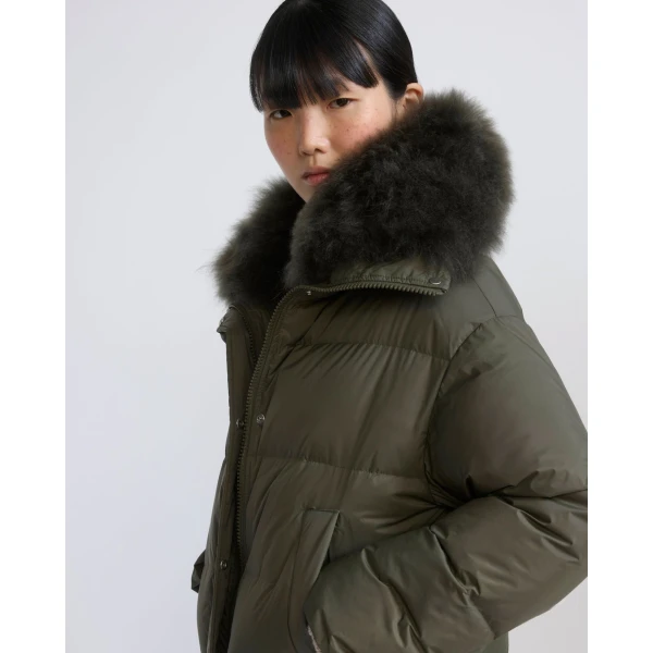 Yves Salomon Short Waterproof Down Jacket with Airy Lambswool Trim in Khaki | Jackets | Coveti