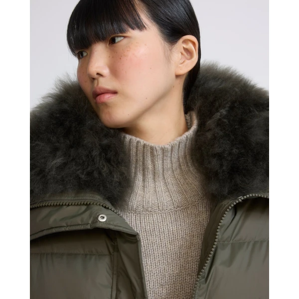 Yves Salomon Short Waterproof Down Jacket with Airy Lambswool Trim in Khaki | Jackets | Coveti