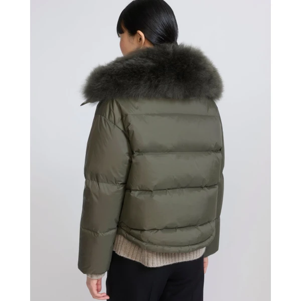 Yves Salomon Short Waterproof Down Jacket with Airy Lambswool Trim in Khaki | Jackets | Coveti