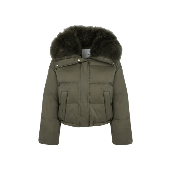 Short Waterproof Down Jacket with Airy Lambswool Trim in Khaki