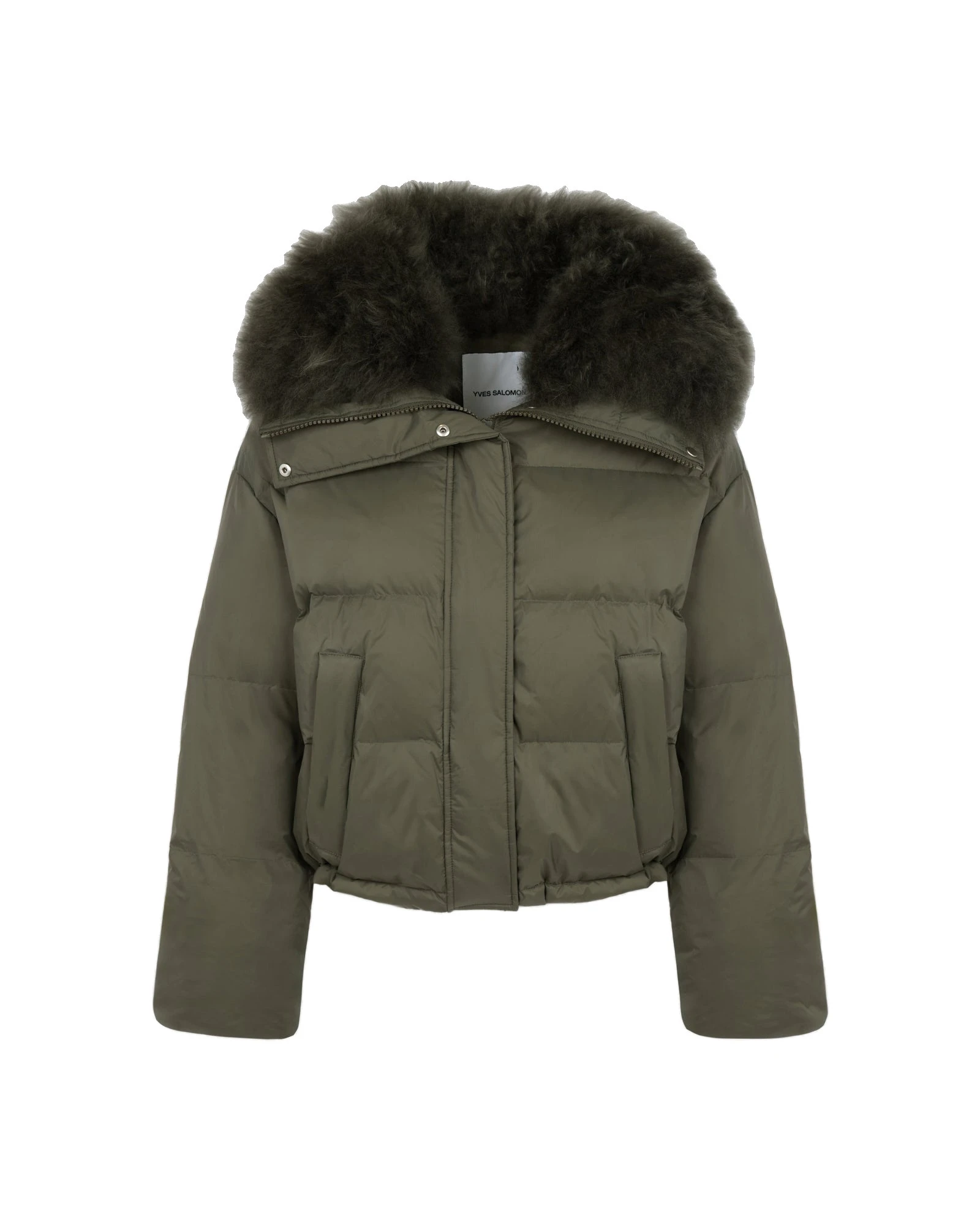 Yves Salomon Short Waterproof Down Jacket with Airy Lambswool Trim in Khaki Yves Salomon Short Waterproof Down Jacket with Airy Lambswool Trim in Khaki | Jackets | Coveti