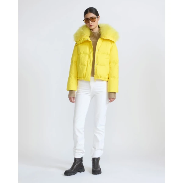 Yves Salomon Short Waterproof Down Jacket with Airy Lambswool Trim in Yellow | Jackets | Coveti