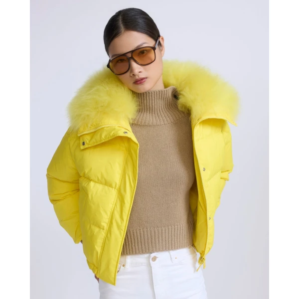 Yves Salomon Short Waterproof Down Jacket with Airy Lambswool Trim in Yellow | Jackets | Coveti