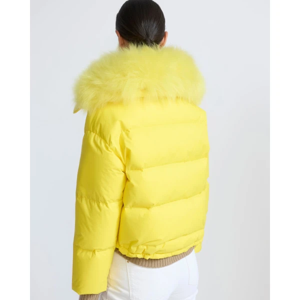 Yves Salomon Short Waterproof Down Jacket with Airy Lambswool Trim in Yellow | Jackets | Coveti