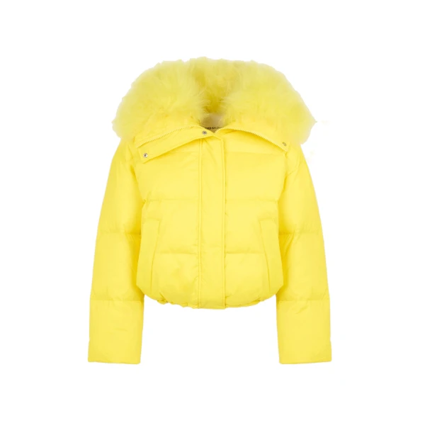 Yves Salomon Short Waterproof Down Jacket with Airy Lambswool Trim in Yellow | Jackets | Coveti