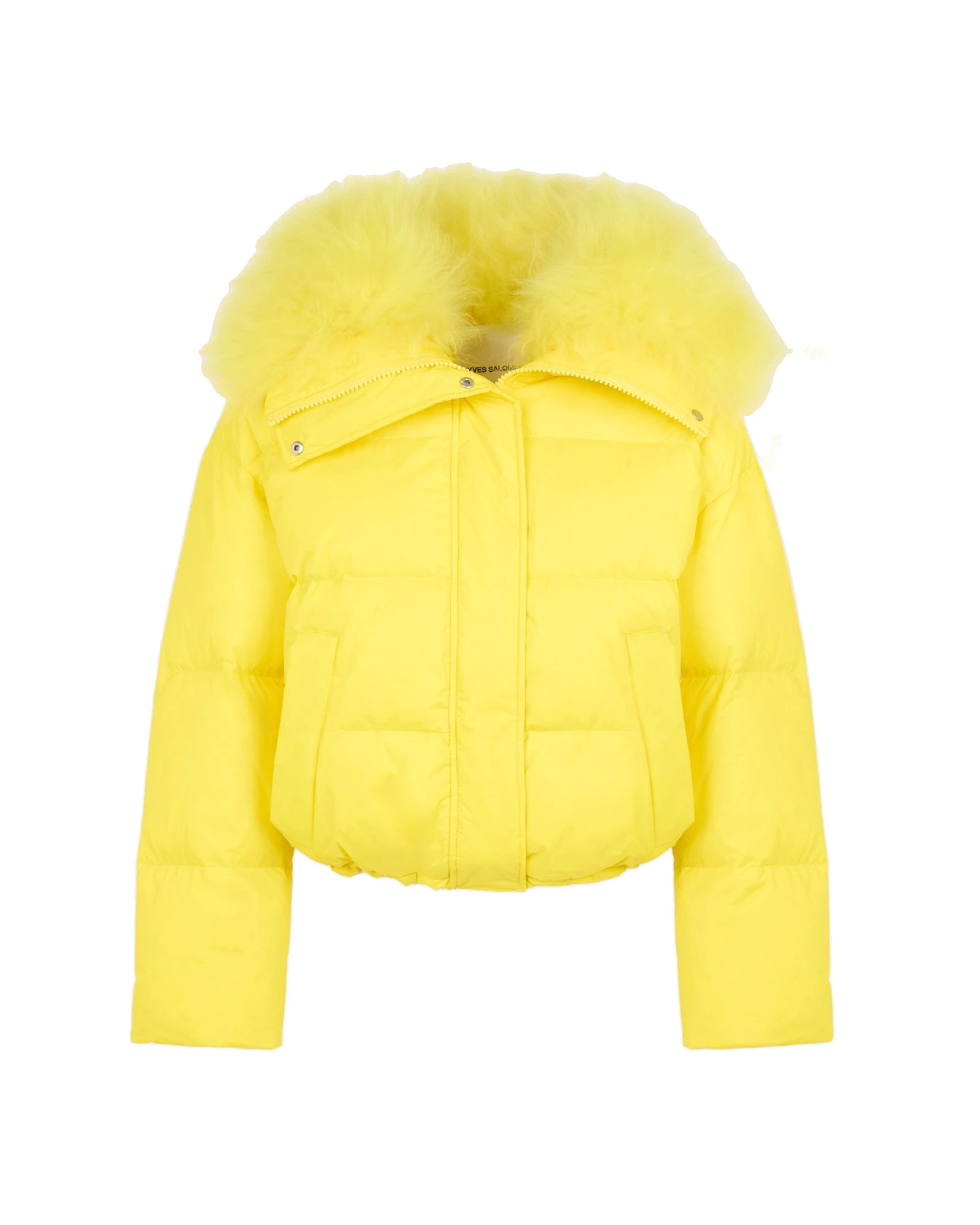 Yves Salomon Short Waterproof Down Jacket with Airy Lambswool Trim in Yellow Yves Salomon Short Waterproof Down Jacket with Airy Lambswool Trim in Yellow | Jackets | Coveti