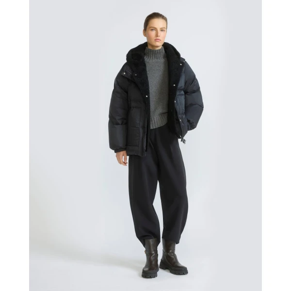 Yves Salomon Short Waterproof Down Jacket with Lambskin Shearling Bib in Black | Jackets | Coveti