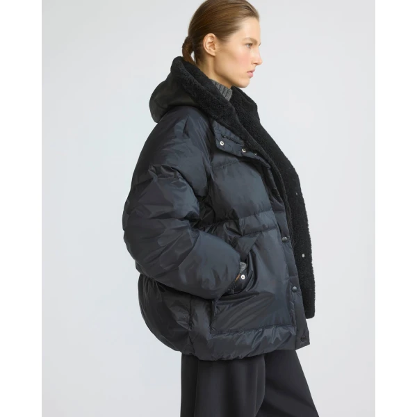 Yves Salomon Short Waterproof Down Jacket with Lambskin Shearling Bib in Black | Jackets | Coveti