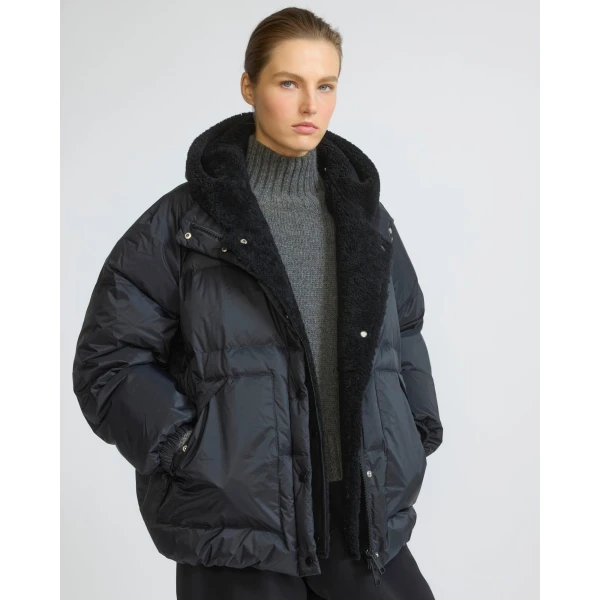 Yves Salomon Short Waterproof Down Jacket with Lambskin Shearling Bib in Black | Jackets | Coveti
