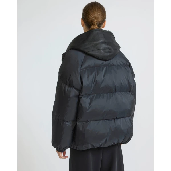 Yves Salomon Short Waterproof Down Jacket with Lambskin Shearling Bib in Black | Jackets | Coveti
