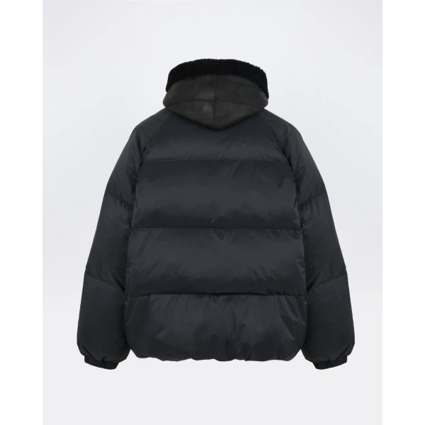 Yves Salomon Short Waterproof Down Jacket with Lambskin Shearling Bib in Black | Jackets | Coveti