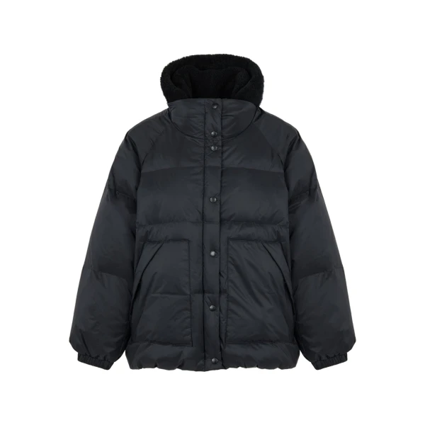 Yves Salomon Short Waterproof Down Jacket with Lambskin Shearling Bib in Black | Jackets | Coveti