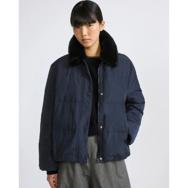 Yves Salomon Short Waterproof Down Jacket with Mink Fur Trim in Navy | Jackets | Coveti