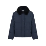 Yves Salomon Short Waterproof Down Jacket with Mink Fur Trim in Navy | Jackets | Coveti