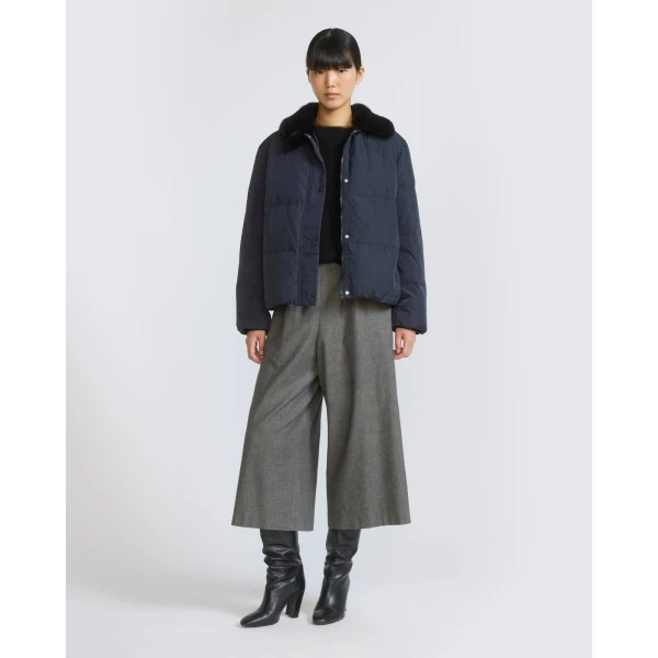 Yves Salomon Short Waterproof Down Jacket with Mink Fur Trim in Navy | Jackets | Coveti
