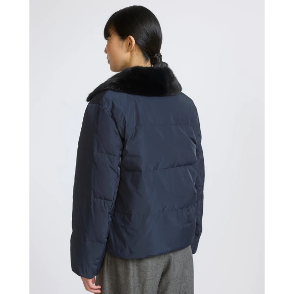 Yves Salomon Short Waterproof Down Jacket with Mink Fur Trim in Navy | Jackets | Coveti