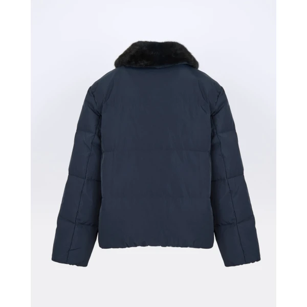 Yves Salomon Short Waterproof Down Jacket with Mink Fur Trim in Navy | Jackets | Coveti
