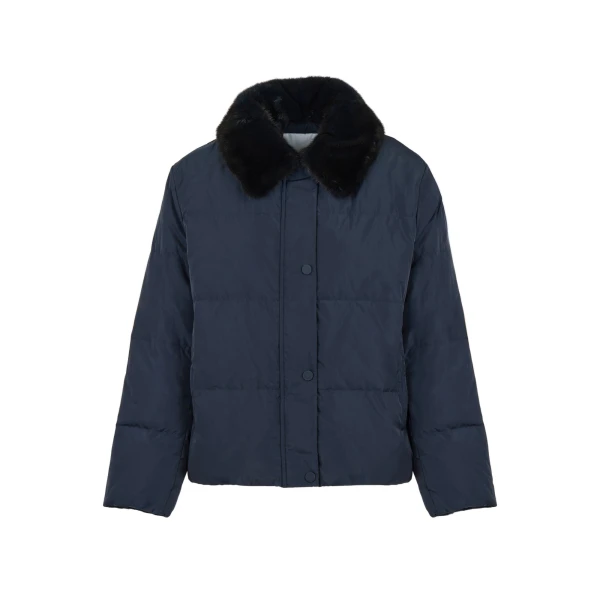 Yves Salomon Short Waterproof Down Jacket with Mink Fur Trim in Navy | Jackets | Coveti