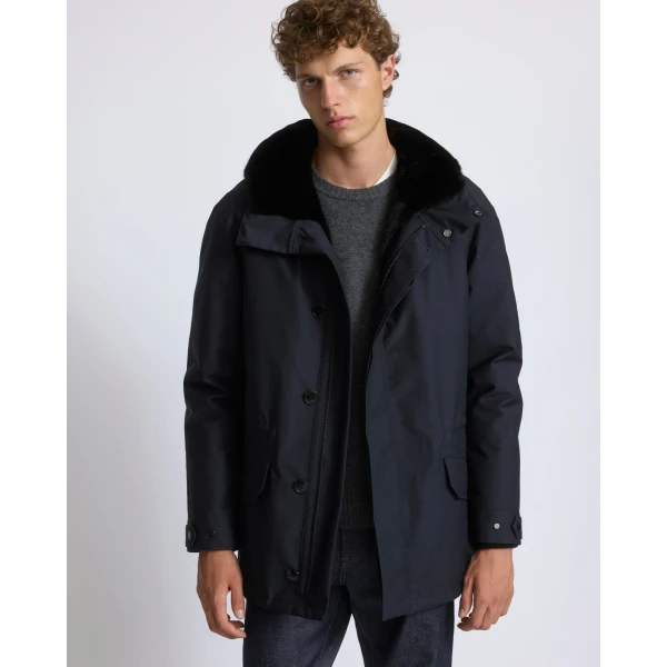 Yves Salomon Short Waterproof Wool Parka with Long-Haired Mink Liner in Navy | Men's Jackets | Coveti