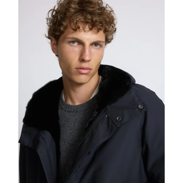 Yves Salomon Short Waterproof Wool Parka with Long-Haired Mink Liner in Navy | Men's Jackets | Coveti