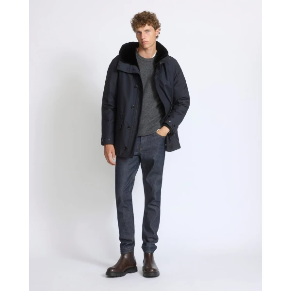 Yves Salomon Short Waterproof Wool Parka with Long-Haired Mink Liner in Navy | Men's Jackets | Coveti