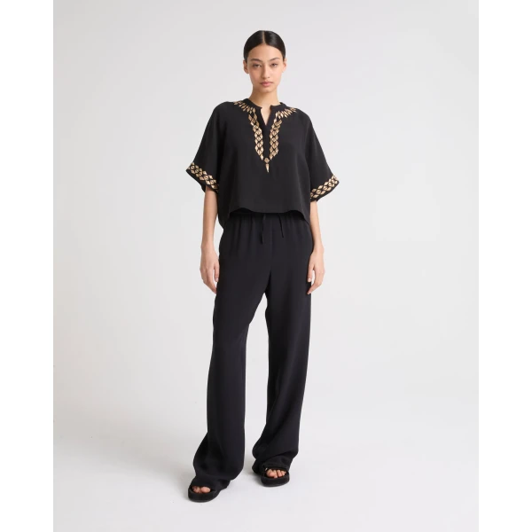 Yves Salomon Silk Crepe Palazzo Trousers in Black | Wide leg pants | Coveti