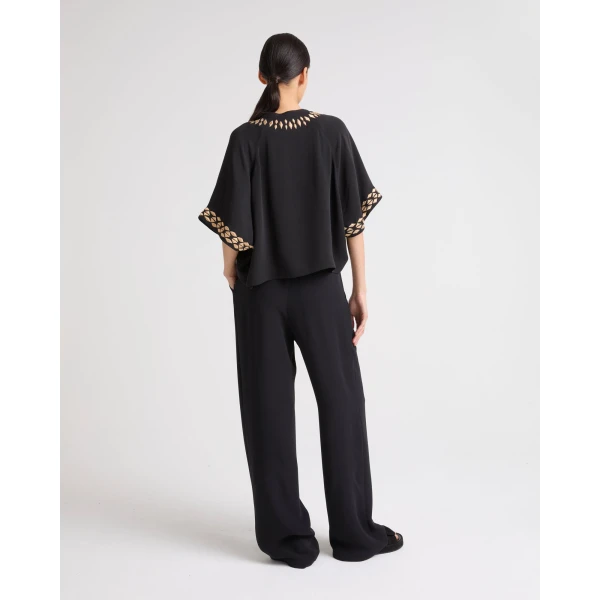 Yves Salomon Silk Crepe Palazzo Trousers in Black | Wide leg pants | Coveti