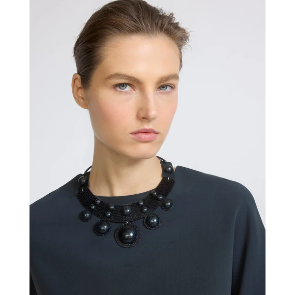 Yves Salomon Silk Crepe Top with Watersnake Leather Necklace in Dark Teal | Tops | Coveti