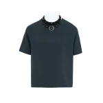 Yves Salomon Silk Crepe Top with Watersnake Leather Necklace in Dark Teal | Tops | Coveti