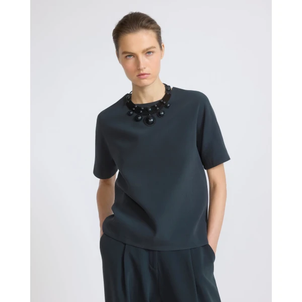 Yves Salomon Silk Crepe Top with Watersnake Leather Necklace in Dark Teal | Tops | Coveti