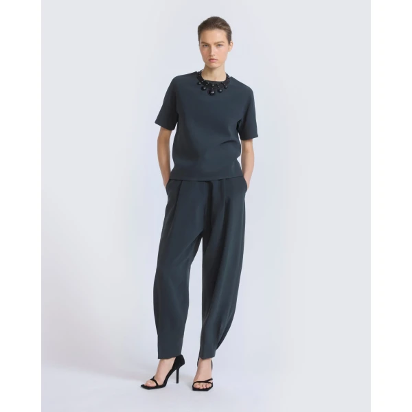 Yves Salomon Silk Crepe Top with Watersnake Leather Necklace in Dark Teal | Tops | Coveti