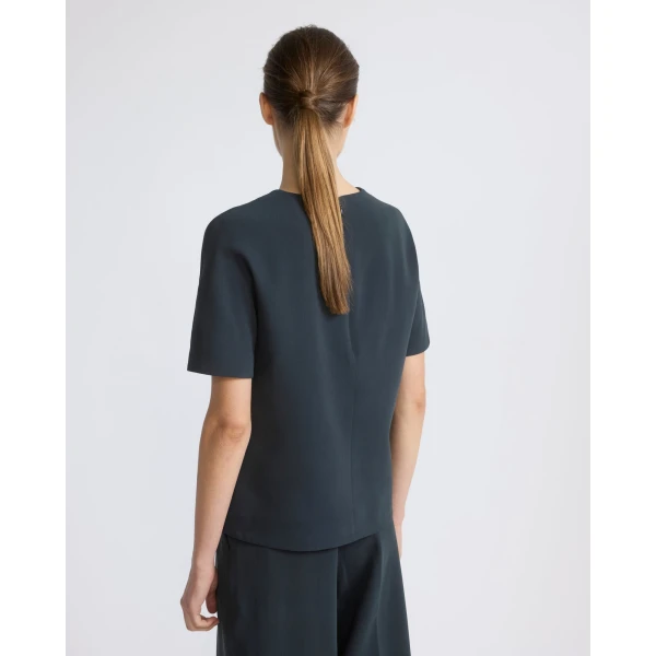 Yves Salomon Silk Crepe Top with Watersnake Leather Necklace in Dark Teal | Tops | Coveti