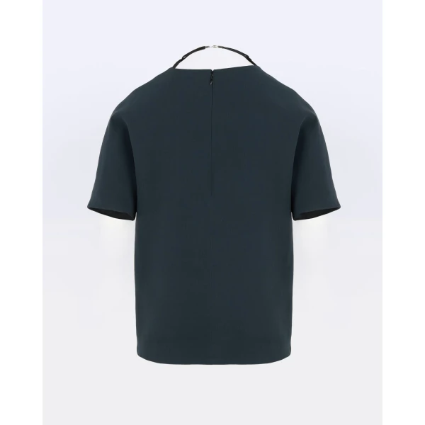 Yves Salomon Silk Crepe Top with Watersnake Leather Necklace in Dark Teal | Tops | Coveti