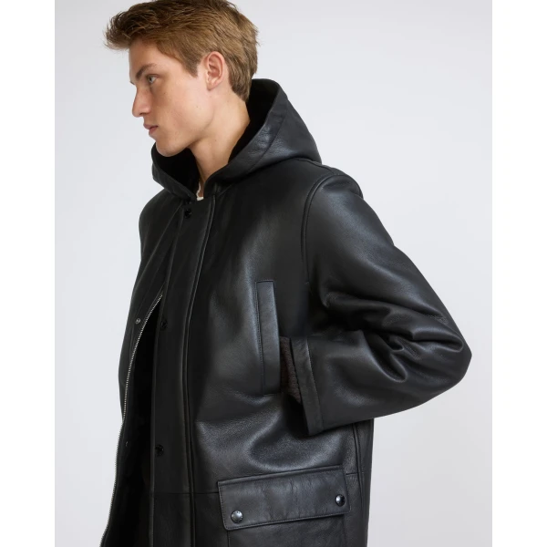 Yves Salomon Silky Straight-Wool Lambskin Shearling Hooded Coat in Black | Men's Coats | Coveti