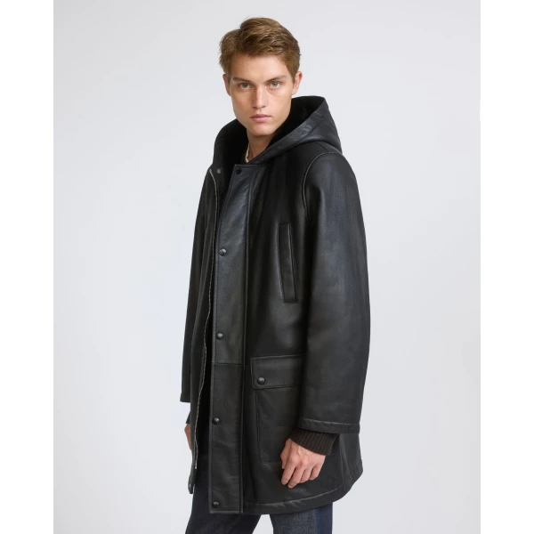 Yves Salomon Silky Straight-Wool Lambskin Shearling Hooded Coat in Black | Men's Coats | Coveti