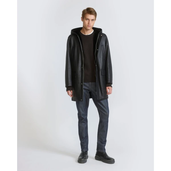 Yves Salomon Silky Straight-Wool Lambskin Shearling Hooded Coat in Black | Men's Coats | Coveti