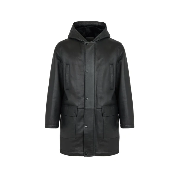 Silky Straight-Wool Lambskin Shearling Hooded Coat in Black