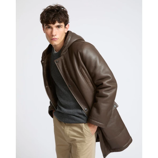 Yves Salomon Silky Straight-Wool Lambskin Shearling Hooded Coat in Brown | Men's Coats | Coveti