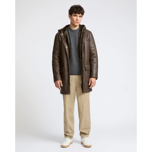 Yves Salomon Silky Straight-Wool Lambskin Shearling Hooded Coat in Brown | Men's Coats | Coveti