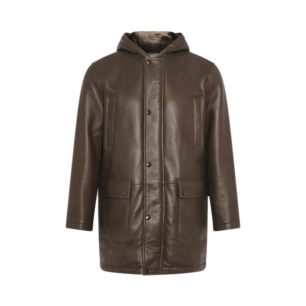 Silky Straight-Wool Lambskin Shearling Hooded Coat in Brown