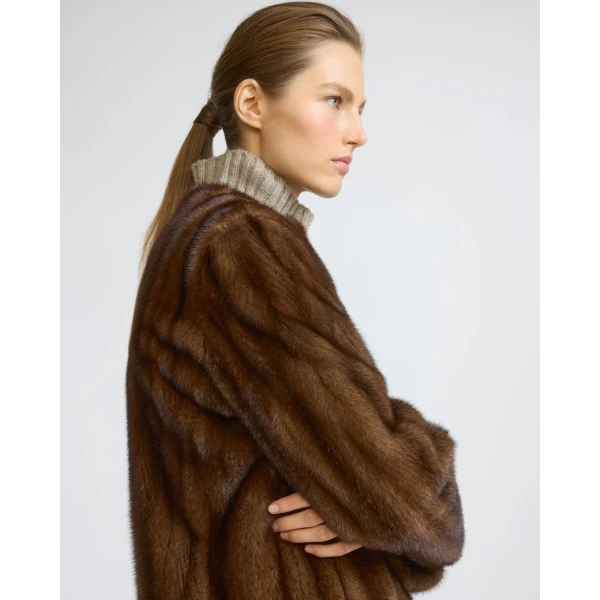 Yves Salomon Straightened Long-Haired Mink Maxi Coat in Brown | Mink Coats | Coveti