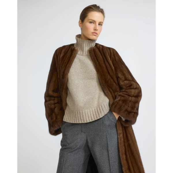 Yves Salomon Straightened Long-Haired Mink Maxi Coat in Brown | Mink Coats | Coveti