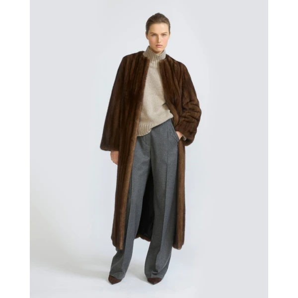Yves Salomon Straightened Long-Haired Mink Maxi Coat in Brown | Mink Coats | Coveti