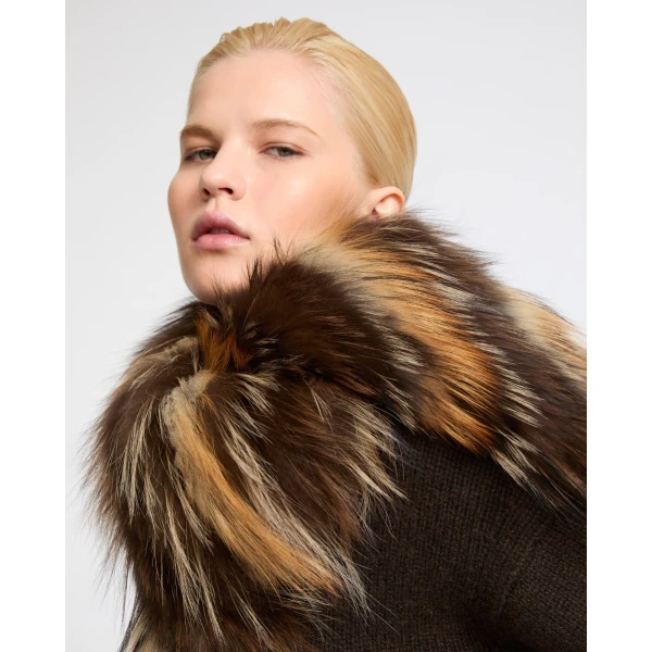 Yves Salomon Striped Fox Fur Scarf in Light Brown | Scarves | Coveti