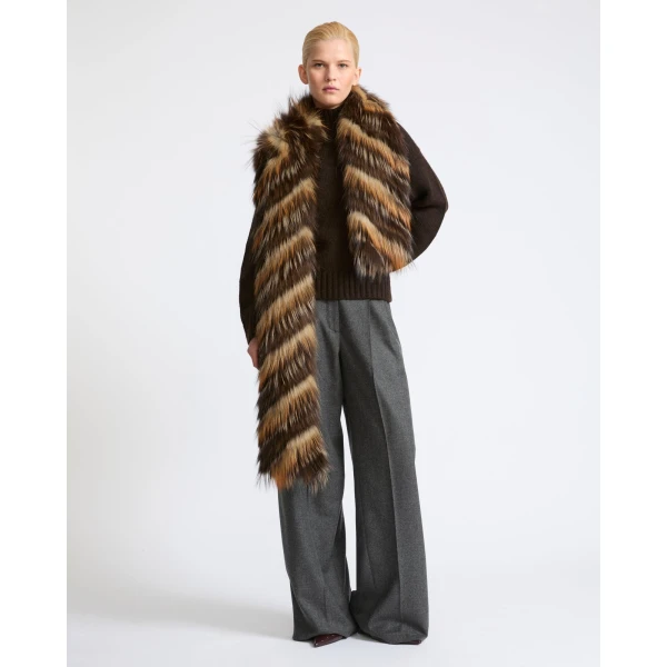 Yves Salomon Striped Fox Fur Scarf in Light Brown | Scarves | Coveti