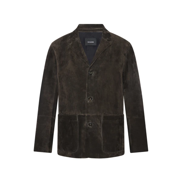 Suede Calfskin Leather Blazer in Dark Brown
